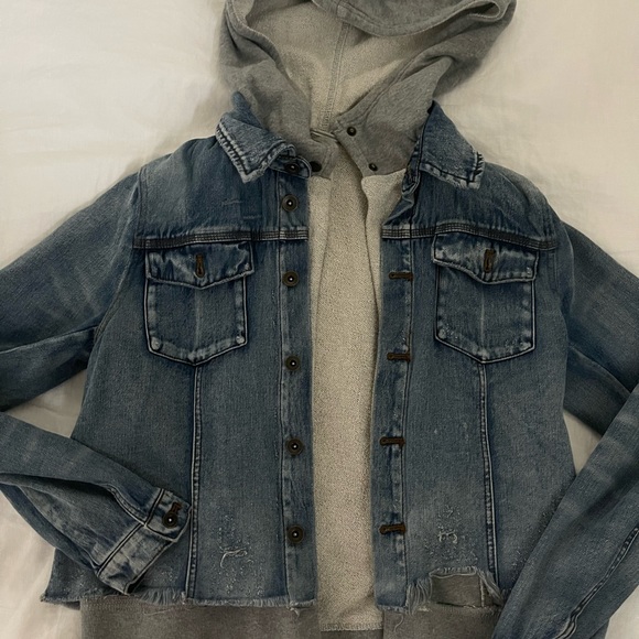 Free People Distressed Denim Jacket with Hood